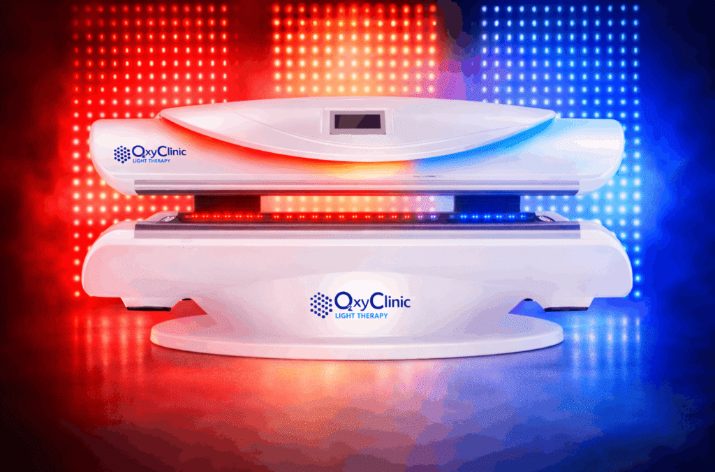 An oxyclinic branded red and blue light therapy chamber