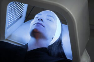 a woman undergoing blue light therapy